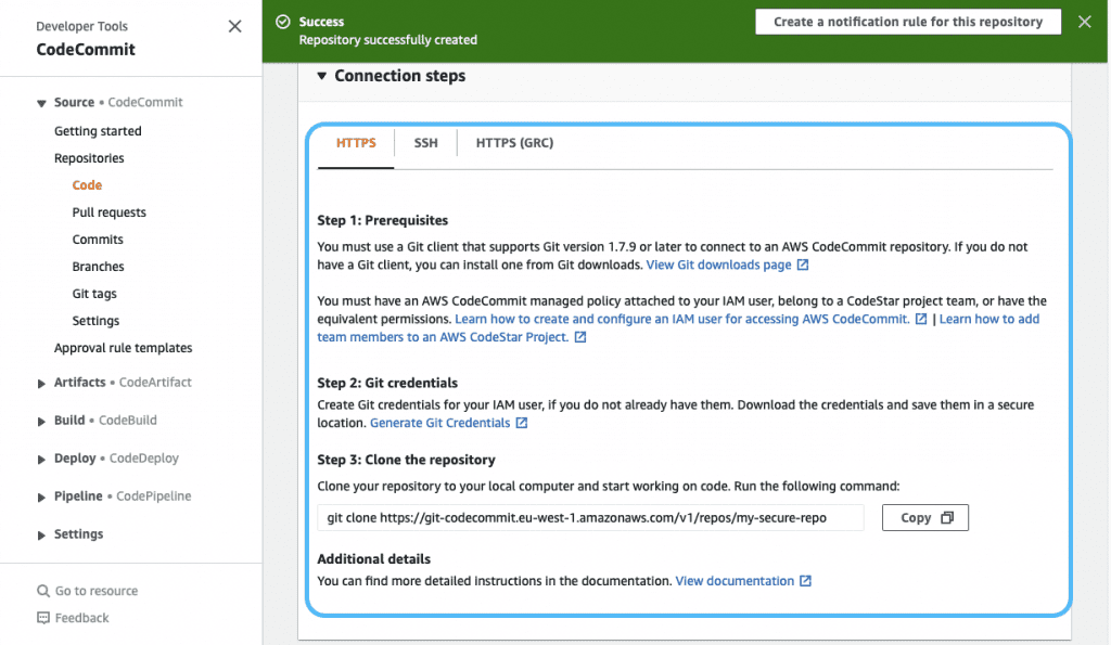 CodeCommit connection steps